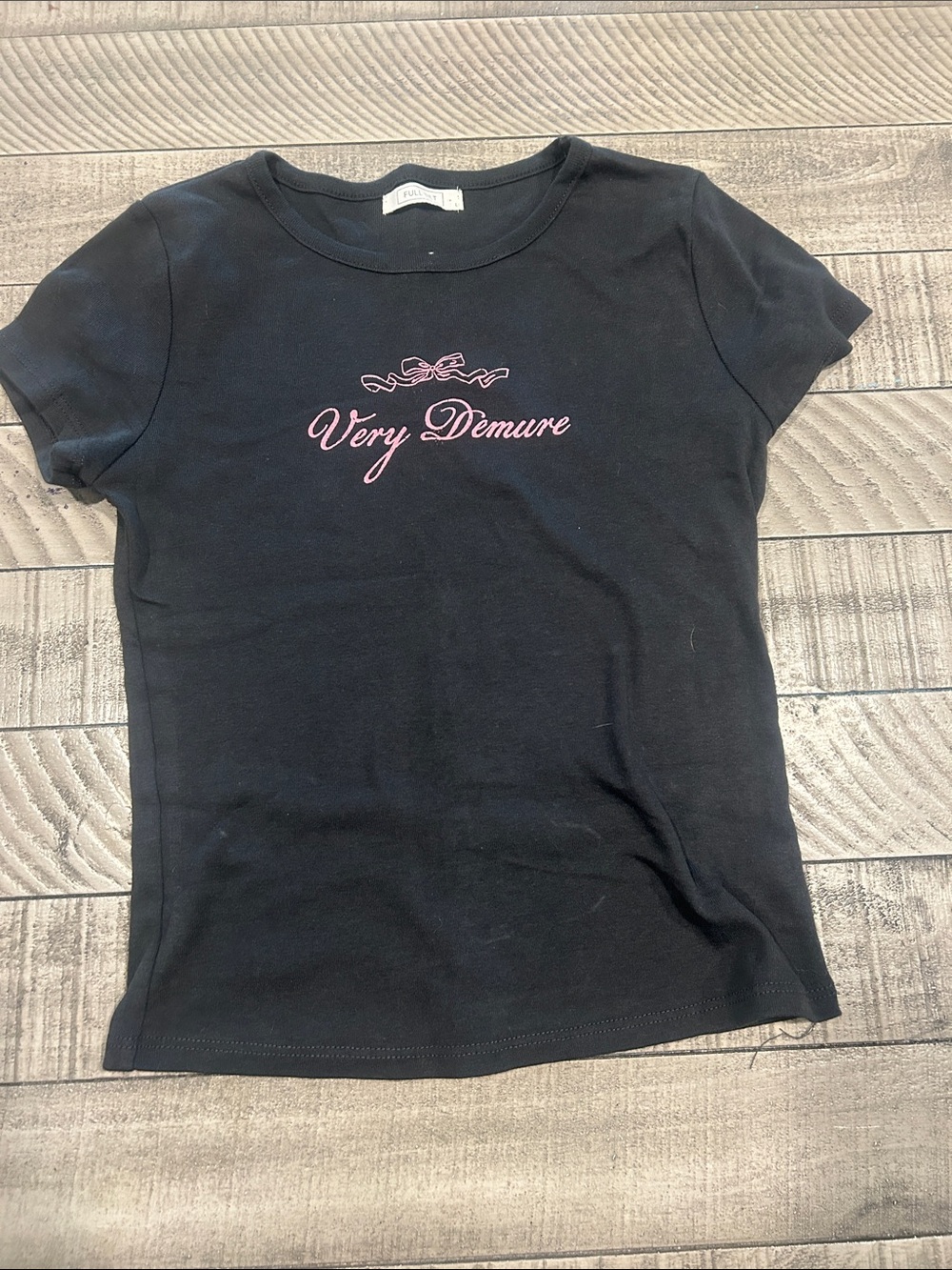 Full Tilt Black Tee with Pink 'Very Demure' Script and Bow